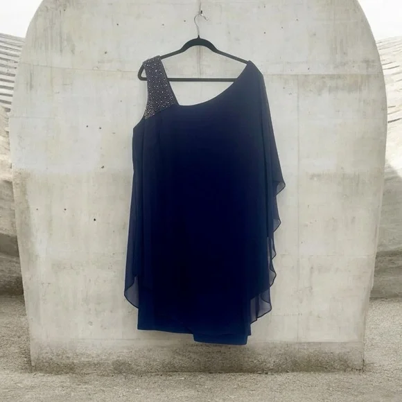 Xscape Women’s Dark Blue One-Shoulder Dress with Embellished Strap Size 18W - Picture 3 of 8